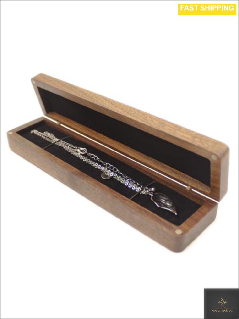 Walnut Wood Long Necklace Gift Box Jewelry Storage Case Magnetic Closure